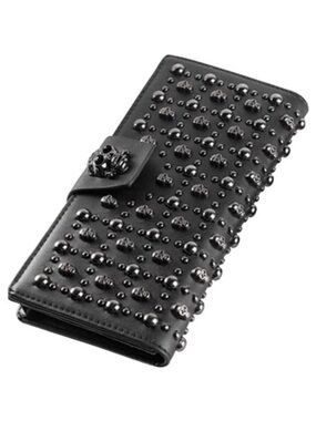 ✨ Shinywear Leather Card Holder Women Black Long Skull Studded Genuine Wallet